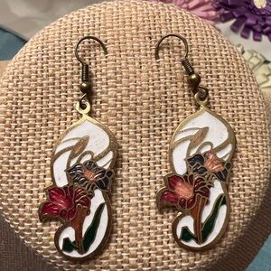 Cloisonné dangle earrings white with multi colored flowers